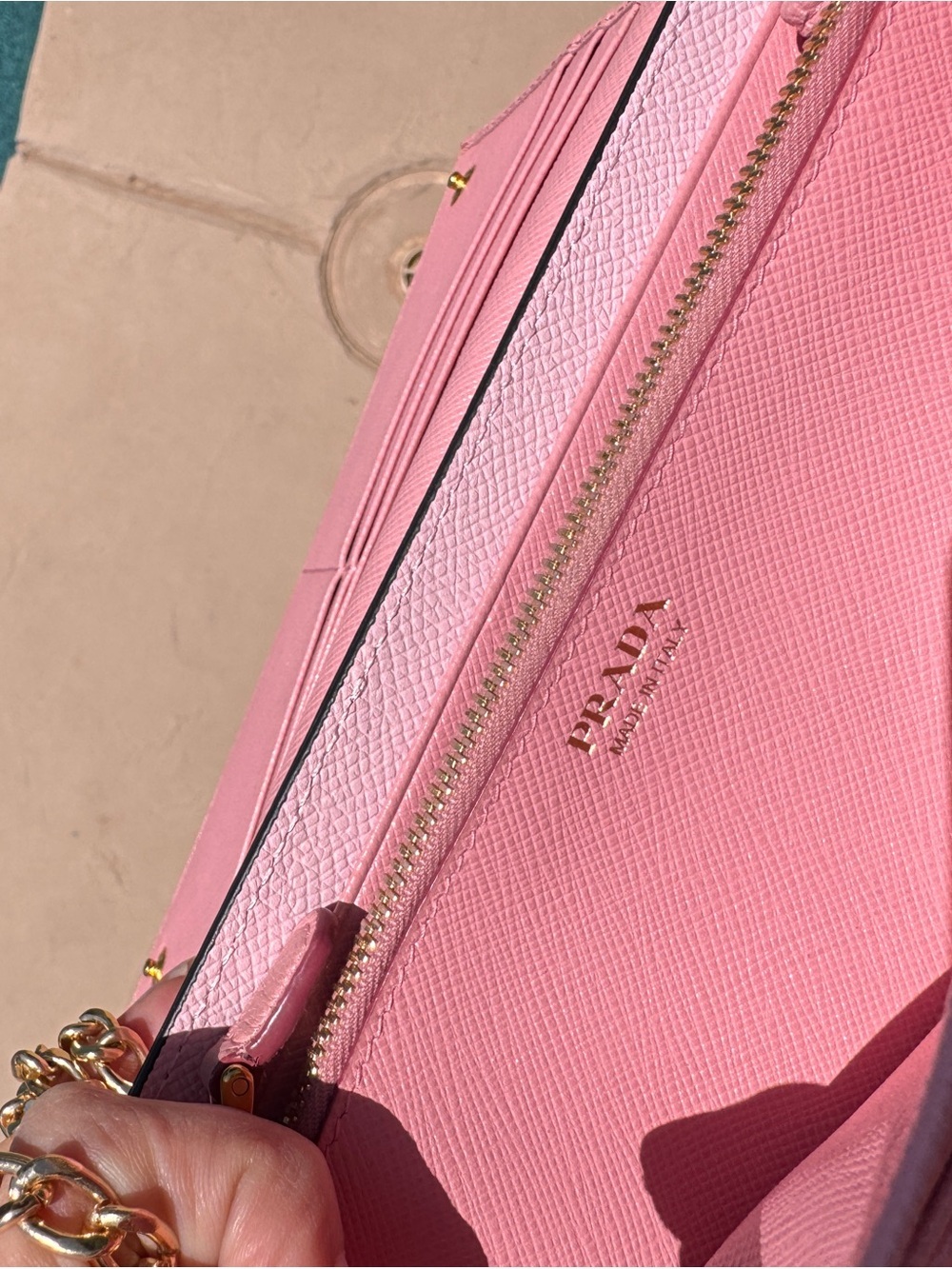 Authentic Prada Pink Saffiano Crossbody Wallet with Gold Chain Strap - Picture 8 of 13